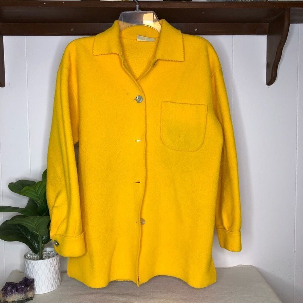 Vintage Aqua Sheen Womens Solid Long Sleeve Button Down Fleece Jacket Yellow Siz